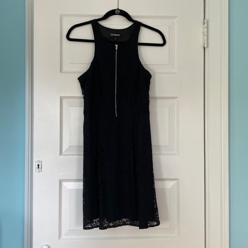 Black Lace Express Cocktail Dress with Front Zipper and Pockets - Size 6